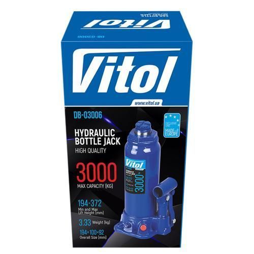 Домкрат гідравлічний телескоп 3т в коробці 194 - 372 мм 3,33 кг Vitol DB-03006 DB-03006 фото