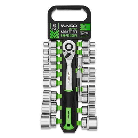 Професійний набір торцевих головок з тріскачкою та подовжувачем Winso Pro 1/2" 72Т CR-V 8-32мм 20шт 902020 фото