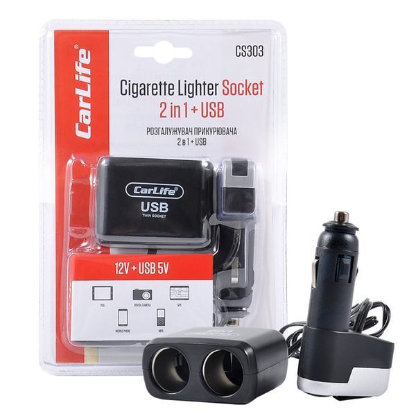 Розгалужувач прикурювача 2в1 + USB 12В Carlife CS303 CS303 фото Розгалужувач прикурювача 2в1 + USB 12В Carlife CS303 CS303 фото