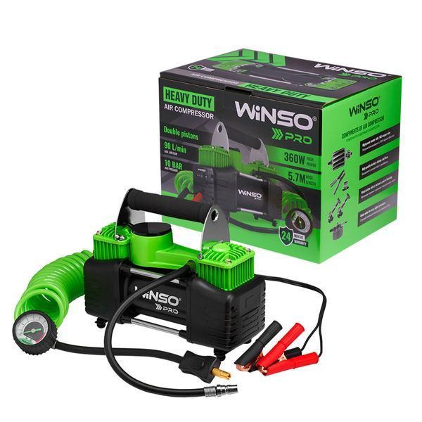 Компрессор автомобильный Winso Pro Heavy Duty 12В, 10 Атм, 90 л/мин с зажимами АКБ 136000 136000 фото