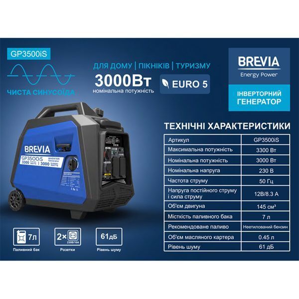 Генератор Brevia GP3500iS інверторний бензиновий 3,3кВт (ном 3,0кВт) GP3500iS фото