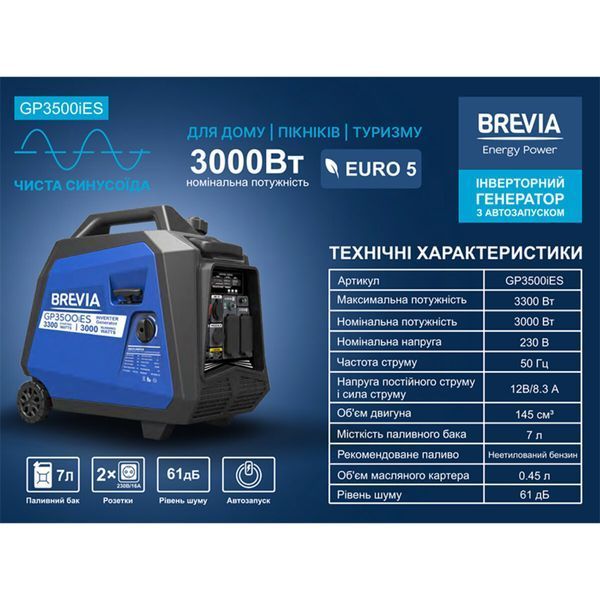 Генератор Brevia GP3500iES інверторний бензиновий 3,3кВт (ном 3,0кВт) з електростартером GP3500iES фото