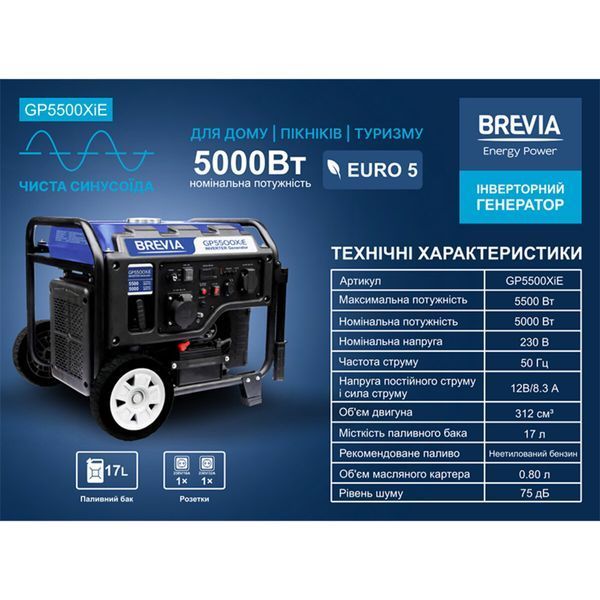 Генератор Brevia GP5500XiE інверторний бензиновий 5,5кВт (ном 5,0кВт) з електростартером GP5500XiE фото