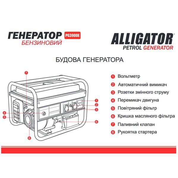 Генератор Alligator PG3900E бензиновий 3,0кВт (ном 2,8кВт) з електростартером PG3900E фото