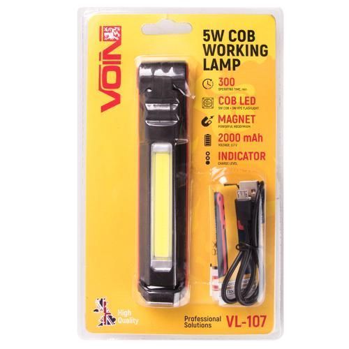 Переносна лампа VOIN VL-107 5W-COB+3W XPE АКБ 2000mAh, магніт, інд. заряда VL-107 фото