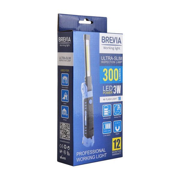 Фонарь инспекционный Brevia 11360 LED Ultra-slim 3W COB+1W LED 300lm, 2000mAh, microUSB 11360 фото
