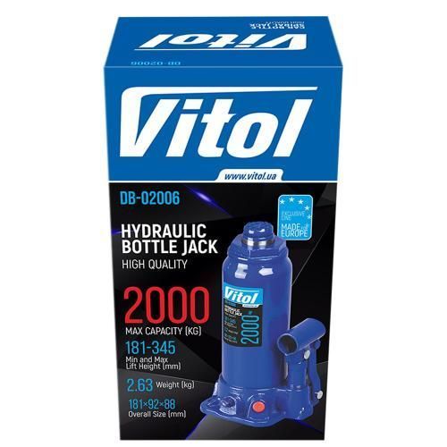 Домкрат гідравлічний телескоп 2т в коробці 181 - 345 мм 2,63 кг Vitol DB-02006 DB-02006 фото